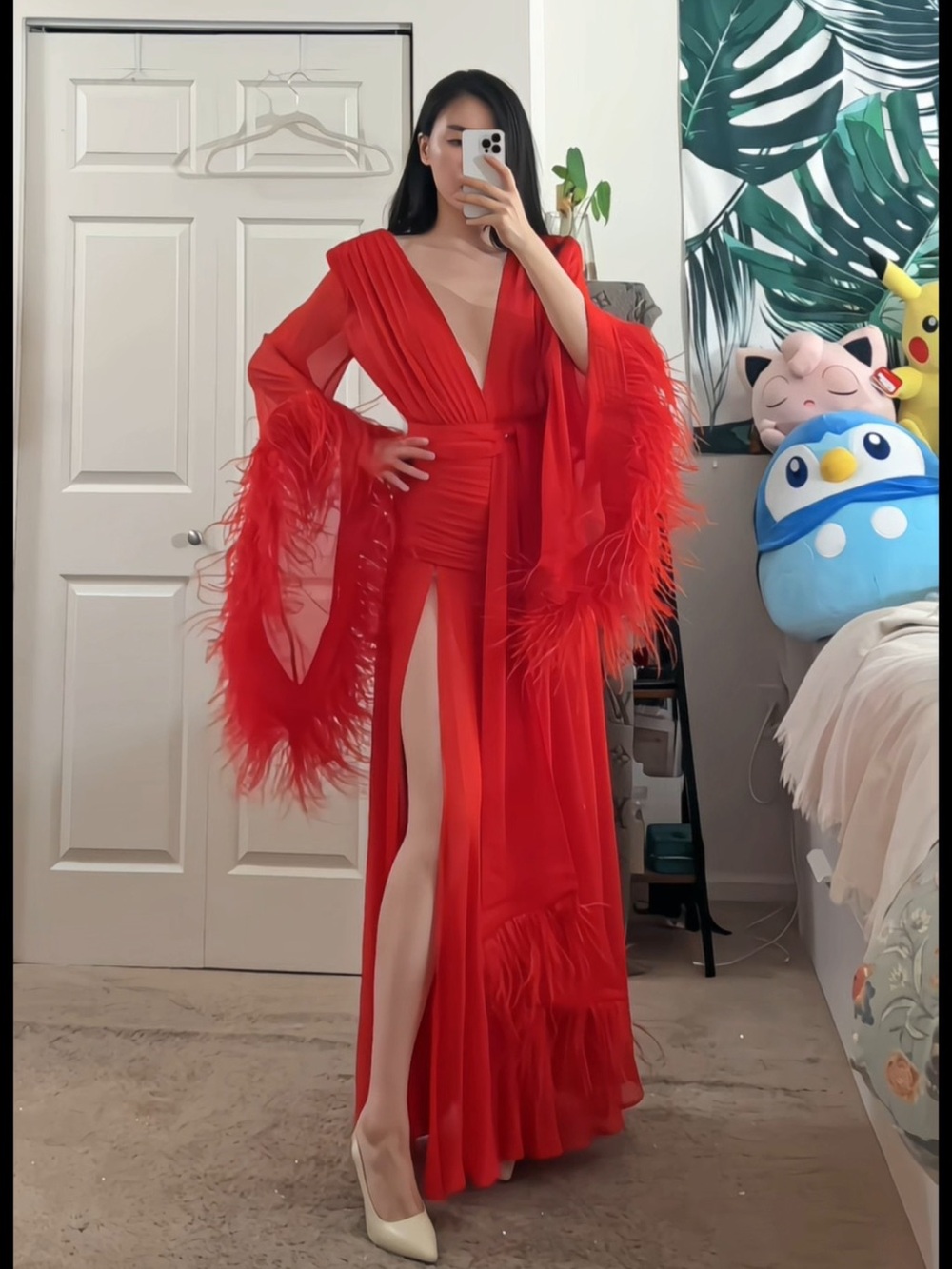 Bronx & Banco Geisha Ostrich Feather Trimmed Plunge High Slit Wrap Gown L NWOT